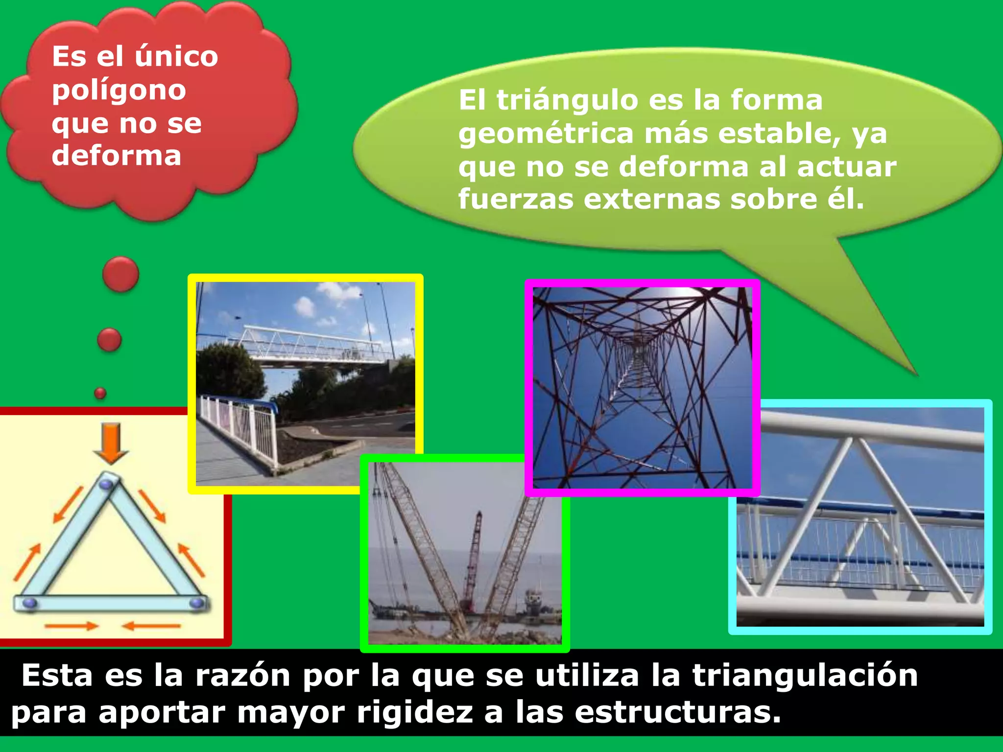 Es el único
polígono
que no se
deforma
El triángulo es la forma
geométrica más estable, ya
que no se deforma al actuar
fuerzas externas sobre él.
Esta es la razón por la que se utiliza la triangulación
para aportar mayor rigidez a las estructuras.
 