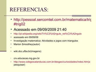 REFERENCIAS: http://pessoal.sercomtel.com.br/matematica/trigonom/trigon1/mod114.htm #trig02 Acessado em 09/09/2009 21:40 http://pt.wikipedia.org/wiki/Tri %C3%A2ngulo_ ret %C3%A2ngulo acessado em 09/09/09 Investigação matematica: Atividades e jogos com triangulos Marion Smoothey(autor) wiki.dcc.ufba.br(imagens) crv.educacao.mg.gov.br http://www.colegiocatanduvas.com.br/desgeo/curiosidades/index.htm (a  pesquisar) 