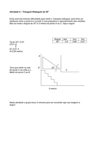 Atividade 4 – Triangulo Retângulo de 30º


Esse exercício tivemos dificuldade para medir o triangulo retângulo, pois tinha um
obstáculo entre o ponto A e o ponto C isso prejudicou o descobrimento das medidas.
Mas só muda o ângulo de 30° e 5 metros do ponto A ao C. Veja a seguir:




                                                Ângulo    Sen       Cos         Tan
Tg de 30°= 0,57                                  30º       0,5      0,86        0,57
0,57= X
      5
X= 0,57. 5
X=2,85 metros

                               A




Teve que medir na reta         B              30°
Do ponto C ao chão e o                                       C
Medir do ponto C ao B.




                                           5 metros




Nesta atividade o grupo levou 5 minutos para ser revolvida veja nas imagens a
seguir:
 