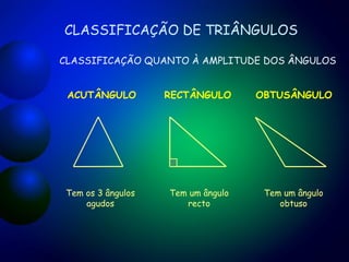 CLASSIFICAÇÃO DE TRIÂNGULOS Tem os 3 ângulos agudos Tem um ângulo recto Tem um ângulo obtuso CLASSIFICAÇÃO QUANTO À AMPLITUDE DOS ÂNGULOS ACUTÂNGULO OBTUSÂNGULO RECTÂNGULO 