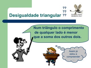 Desigualdade triangular Num triângulo o comprimento de qualquer lado é menor que a soma dos outros dois.   ?????? Assim já estou a compreender… 