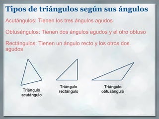 Tipos de triángulos según sus ángulos Acutángulos: Tienen los tres ángulos agudos   Obtusángulos: Tienen dos ángulos agudos y el otro obtuso   Rectángulos: Tienen un ángulo recto y los otros dos agudos    