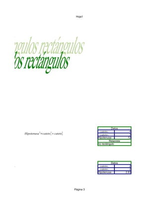 Hoja1




                                                    Datos
          2       2      2               cateto1              4
Hipotenusa =cateto cateto
                  1      2               cateto 2             3
                                        Hipotenusa           12
                                                 Resposta
                                        no rectángulo




                                                    Datos
                                         cateto1               2
                                         cateto 2              2
                                        Hipotenusa          2.83




                             Página 3
 
