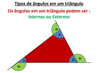 Tipos de ângulos em um triângulo
Os ângulos em um triângulo podem ser :
Internos ou Externos
i1 i3
i2
e1
e2
e3
 