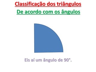 Classificação dos triângulos
De acordo com os ângulos
Eis aí um ângulo de 90°.
 