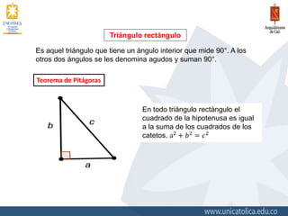 Triángulo rectángulo
Es aquel triángulo que tiene un ángulo interior que mide 90°. A los
otros dos ángulos se les denomina agudos y suman 90°.
Teorema de Pitágoras
En todo triángulo rectángulo el
cuadrado de la hipotenusa es igual
a la suma de los cuadrados de los
catetos. a2
+ 𝑏2
= 𝑐2
 