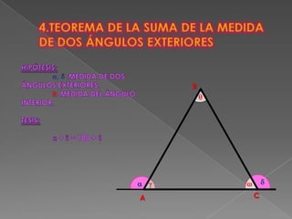 3.TEOREMA DE LA SUMA DE LAS MEDIDAS DE LOS ÁNGULOS EXTERIORESBHIPÓTESIS:, , : medidas de los ángulos exteriores., , : medida de los ángulos interiores.TESIS: +  + =360°CA