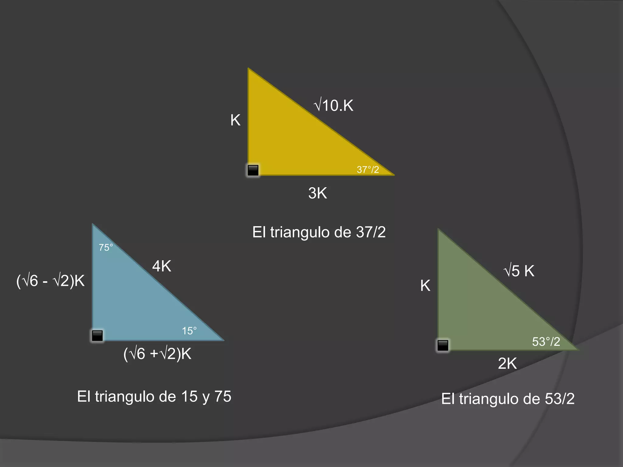 √10.K
K
37°/2

3K
El triangulo de 37/2
75°

(√6 - √2)K

4K

√5 K
K
15°

(√6 +√2)K
El triangulo de 15 y 75

53°/2

2K
El triangulo de 53/2

 