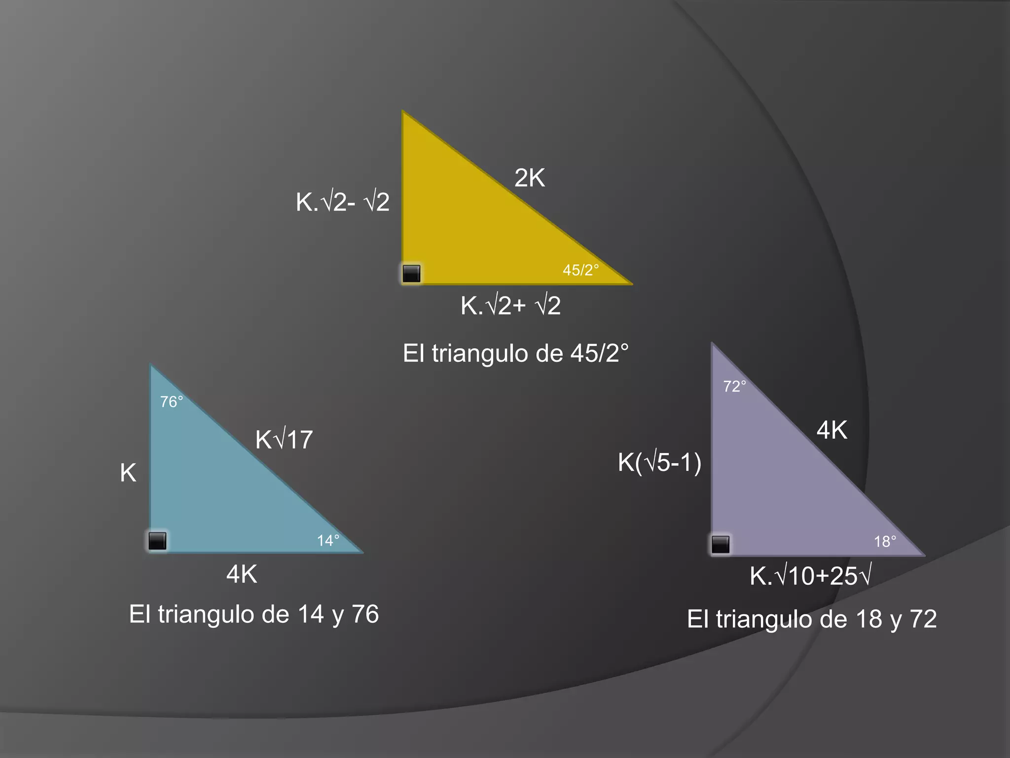K.√2- √2

2K

45/2°

K.√2+ √2
El triangulo de 45/2°
72°
76°

4K

K√17

K(√5-1)

K
14°

4K
El triangulo de 14 y 76

18°

K.√10+25√
El triangulo de 18 y 72

 