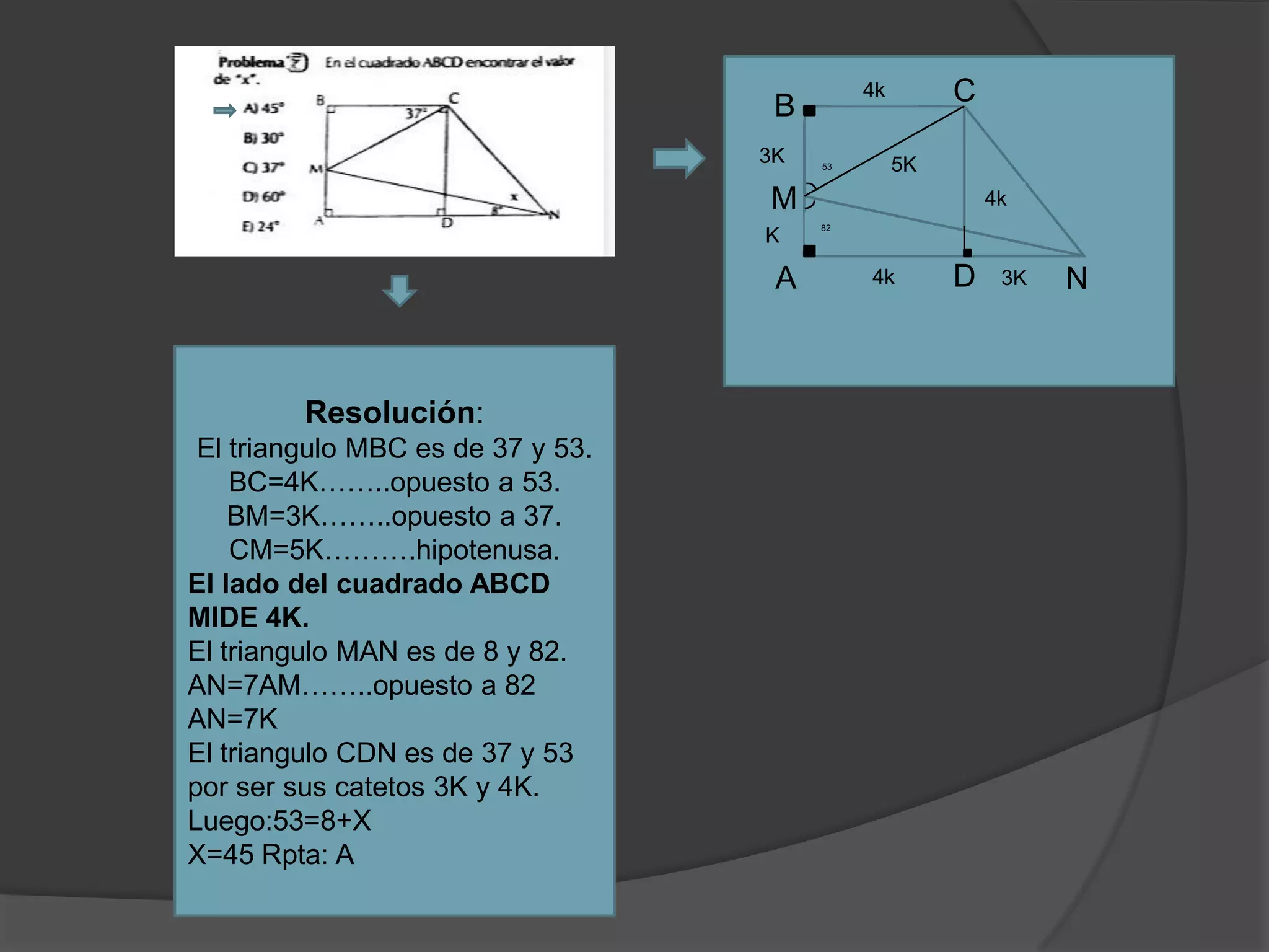 3K

C

4k

B
53

5K

M
K

A

Resolución:
El triangulo MBC es de 37 y 53.
BC=4K……..opuesto a 53.
BM=3K……..opuesto a 37.
CM=5K……….hipotenusa.
El lado del cuadrado ABCD
MIDE 4K.
El triangulo MAN es de 8 y 82.
AN=7AM……..opuesto a 82
AN=7K
El triangulo CDN es de 37 y 53
por ser sus catetos 3K y 4K.
Luego:53=8+X
X=45 Rpta: A

4k
82

4k

D

3K

N

 