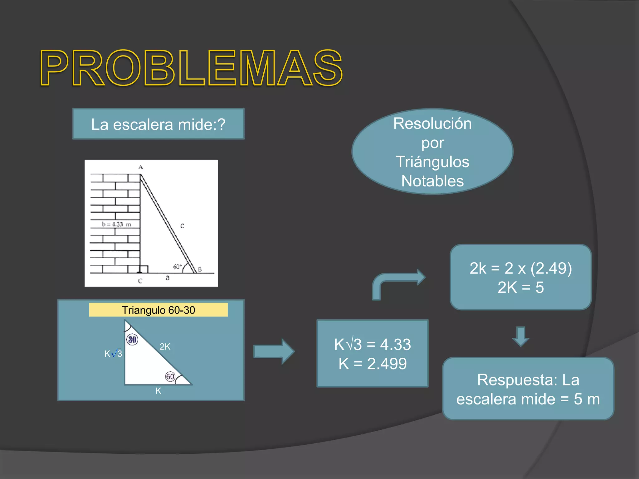 La escalera mide:?

Resolución
por
Triángulos
Notables

2k = 2 x (2.49)
2K = 5
Triangulo 60-30

K 3

2K

K

K√3 = 4.33
K = 2.499
Respuesta: La
escalera mide = 5 m

 