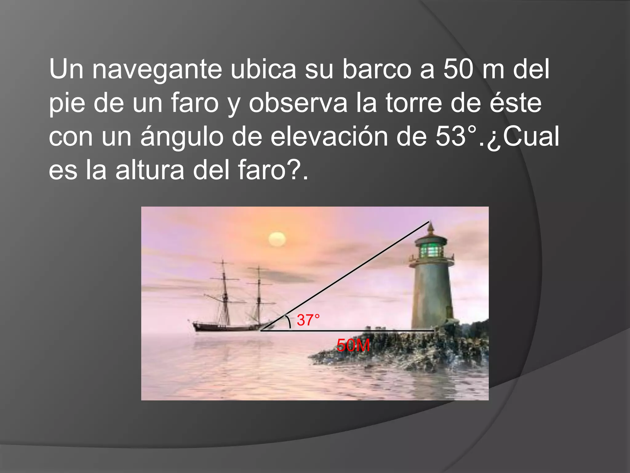 Un navegante ubica su barco a 50 m del
pie de un faro y observa la torre de éste
con un ángulo de elevación de 53°.¿Cual
es la altura del faro?.

37°

50M

 