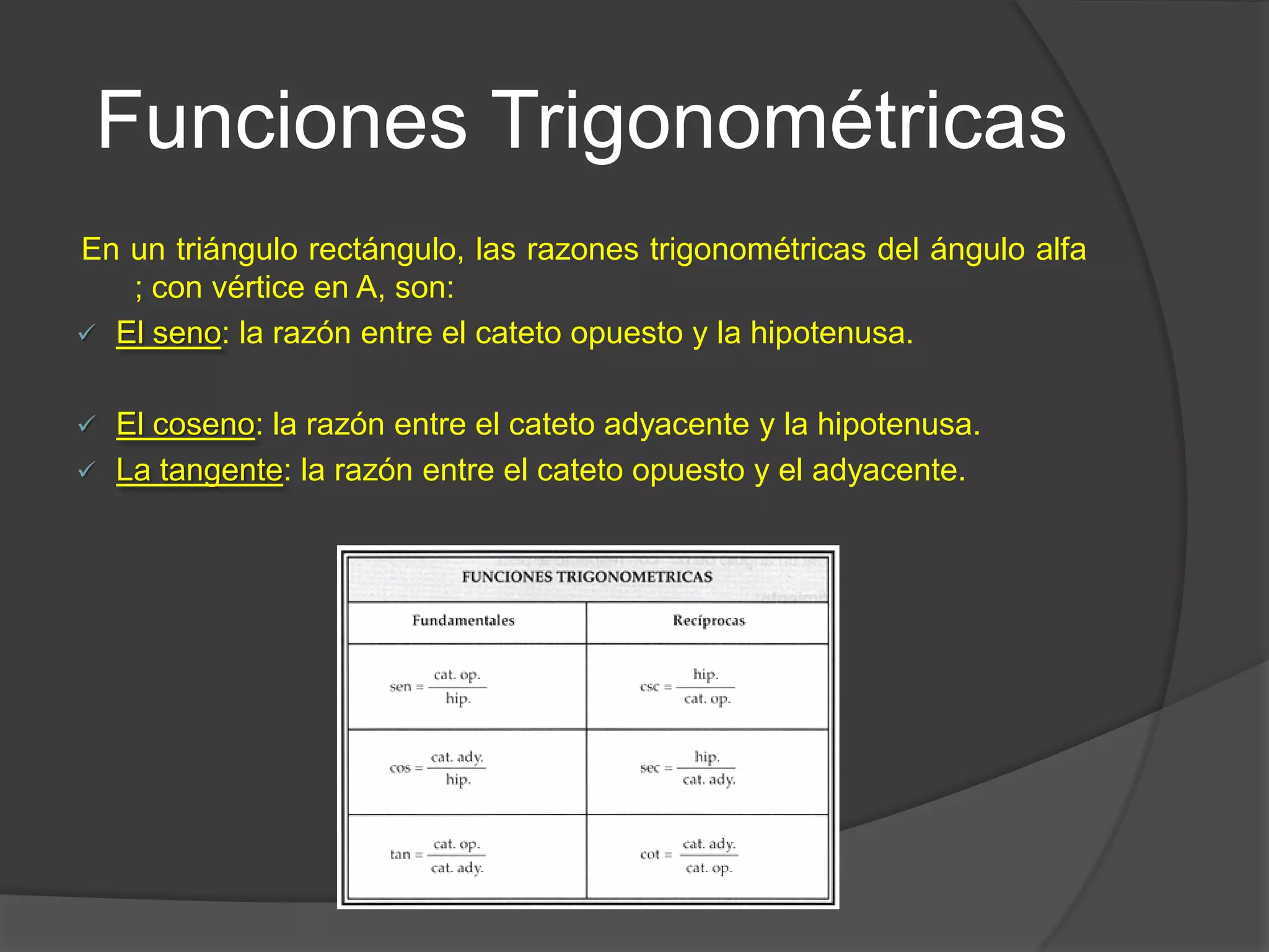 Funciones Trigonométricas
En un triángulo rectángulo, las razones trigonométricas del ángulo alfa
; con vértice en A, son:
 El seno: la razón entre el cateto opuesto y la hipotenusa.



El coseno: la razón entre el cateto adyacente y la hipotenusa.
La tangente: la razón entre el cateto opuesto y el adyacente.

 