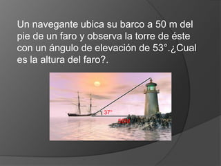 Un navegante ubica su barco a 50 m del
pie de un faro y observa la torre de éste
con un ángulo de elevación de 53°.¿Cual
es la altura del faro?.

37°

50M

 