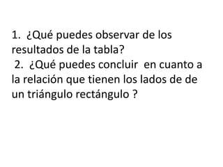1.  ¿Quépuedesobservar de los resultados de la tabla?  2.  ¿Quépuedesconcluir  en cuanto a la relaciónquetienen los lados de de un triángulorectángulo ?