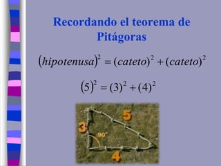 Recordando el teorema de
Pitágoras
  222
)()( catetocatetohipotenusa 
  222
)4()3(5 
 