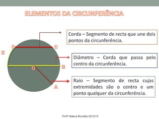 Corda – Segmento de recta que une dois
    pontos da circunferência.


         Diâmetro – Corda que passa pelo
         centro da circunferência.


         Raio – Segmento de recta cujas
         extremidades são o centro e um
         ponto qualquer da circunferência.



Profª Helena Borralho 2012/13
 