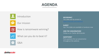 RECORDING?
The video will be posted at
www.infrascale.com/webinars.
SLIDES?
Yes! The slides are available in handouts now.
JOIN THE CONVERSATION!
Follow us on Twitter @infrascale.
QUESTIONS?
Post questions for our presenter(s)
throughout the webinar.
AGENDA
Introduction
Our mission
What can you do to beat it?
Q&A
How is ransomware winning?
 