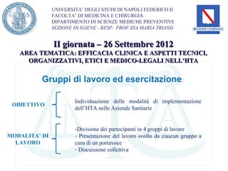 UNIVERSITA’ DEGLI STUDI DI NAPOLI FEDERICO II
               FACOLTA’ DI MEDICINA E CHIRURGIA
               DIPARTIMENTO DI SCIENZE MEDICHE PREVENTIVE
               SEZIONE DI IGIENE - RESP. PROF.SSA MARIA TRIASSI


               II giornata – 26 Settembre 2012
   AREA TEMATICA: EFFICACIA CLINICA E ASPETTI TECNICI,
     ORGANIZZATIVI, ETICI E MEDICO-LEGALI NELL’HTA


          Gruppi di lavoro ed esercitazione:

                        Individuazione delle modalità di implementazione
 OBIETTIVO
                        dell’HTA nelle Aziende Sanitarie


                        -Divisione dei partecipanti in 4 gruppi di lavoro
MODALITA’ DI            - Presentazione del lavoro svolto da ciascun gruppo a
  LAVORO                cura di un portavoce
                        - Discussione collettiva
 