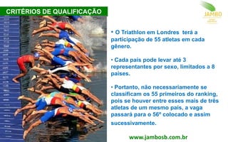 • O Triathlon em Londres terá a
participação de 55 atletas em cada
gênero.
• Cada país pode levar até 3
representantes por sexo, limitados a 8
países.
• Portanto, não necessariamente se
classificam os 55 primeiros do ranking,
pois se houver entre esses mais de três
atletas de um mesmo país, a vaga
passará para o 56º colocado e assim
sucessivamente.
CRITÉRIOS DE QUALIFICAÇÃO
www.jambosb.com.br
 