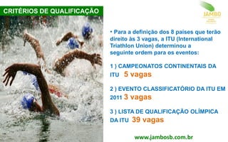 • Para a definição dos 8 países que terão
direito às 3 vagas, a ITU (International
Triathlon Union) determinou a
seguinte ordem para os eventos:
1 ) CAMPEONATOS CONTINENTAIS DA
ITU 5 vagas
2 ) EVENTO CLASSIFICATÓRIO DA ITU EM
2011 3 vagas
3 ) LISTA DE QUALIFICAÇÃO OLÍMPICA
DA ITU 39 vagas
CRITÉRIOS DE QUALIFICAÇÃO
www.jambosb.com.br
 