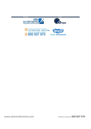 altorendimiento.com
4.1.4 Evaluaciones de potencia
4.1.4.1 Test de wingate
4.1.4.2. Test de salto vertical
4.1.4.3. Salto en largo desde la posición de pie
4.1.4.4. El test de potencia de Margaria-Kalamen
4.1.5. Test de Velocidad
4.1.5.1.Test de sprint: carreras de 10 y 40 yardas (o metros)
4.1.5.2. El cuadratlón de potencia
4.1.5.3. Salto En Largo Desde Parado
4.1.5.4. Tres saltos (saltos de conejo)
4.1.5.5. Sprint de 30 metros
4.1.5.6. Lanzamiento de bala por encima de la c...
4.1.5.7. Puntuación
4.1.6 Velocidad y Resistencia.
4.1.6.1. Sprints de 300 a 400 metros
4.1.6.2. Fitness de resistencia y consumo máximo
4.1.6.3. Test de campo para medir la Resistencia
4.1.6.4. Test de una milla Rockport
4.1.6.5. Test de Cooper (carrera de 12 minutos)
4.1.6.6. Test de 6 Millas en Bicicleta
4.1.6.7. Test de natación de 12 minutos
4.1.6.8. Test de Agilidad
4.2. Incremento de la potencia en los deportes a través del desarrollo de las habilidades
y videos
4.2.1 La teoría de la especificación y el aprendizaje motor
4.2.2 Desarrollo de una actividad motora programada y automatizada.
4.2.2.1. Cómo hace el cerebro para reproducir los programas motores
4.2.2.2. Videos y listas de verificación
4.3. La enseñanza de las habilidades: métodos de enseñanza analítico y global.
4.3.1. Ejemplos de listas de verificación de habilidades: cargada, segundo tiempo y arranque.
4.3.1.1. Lista de verificación para evaluar la cargada y el segundo tiempo
4.3.1.2. Arranque
4.3.1.3. Arranque Tijera
4.4. Técnicas de video
4.5. Incremento de la Potencia en los Deportes a través del
Desarrollo de las Habilidades y Videos
4.5.1 Predicción del consumo de oxígeno a través de una caminata o de una carrera
4.5.2 Predicción del consumo de oxígeno en un cicloergómetro
4.5.3 Predicción del consumo de oxígeno con un ergómetro de brazos o remoergómetro.
4.5.4 Predicción del consumo de oxígeno con los test de escalón
Unidad 5: composición corporal
5.1. Formas corporales (somatotipo)
5.2. Índice de masa corporal
5.3. Perímetro de cintura
5.3.1. Medición del perímetro de cintura
5.4. Componentes del cuerpo humano
5.4.1. Grasa Corporal
5.4.1.1. Medición de la grasa corporal
5.4.1.2. Utilización de Calibres
 