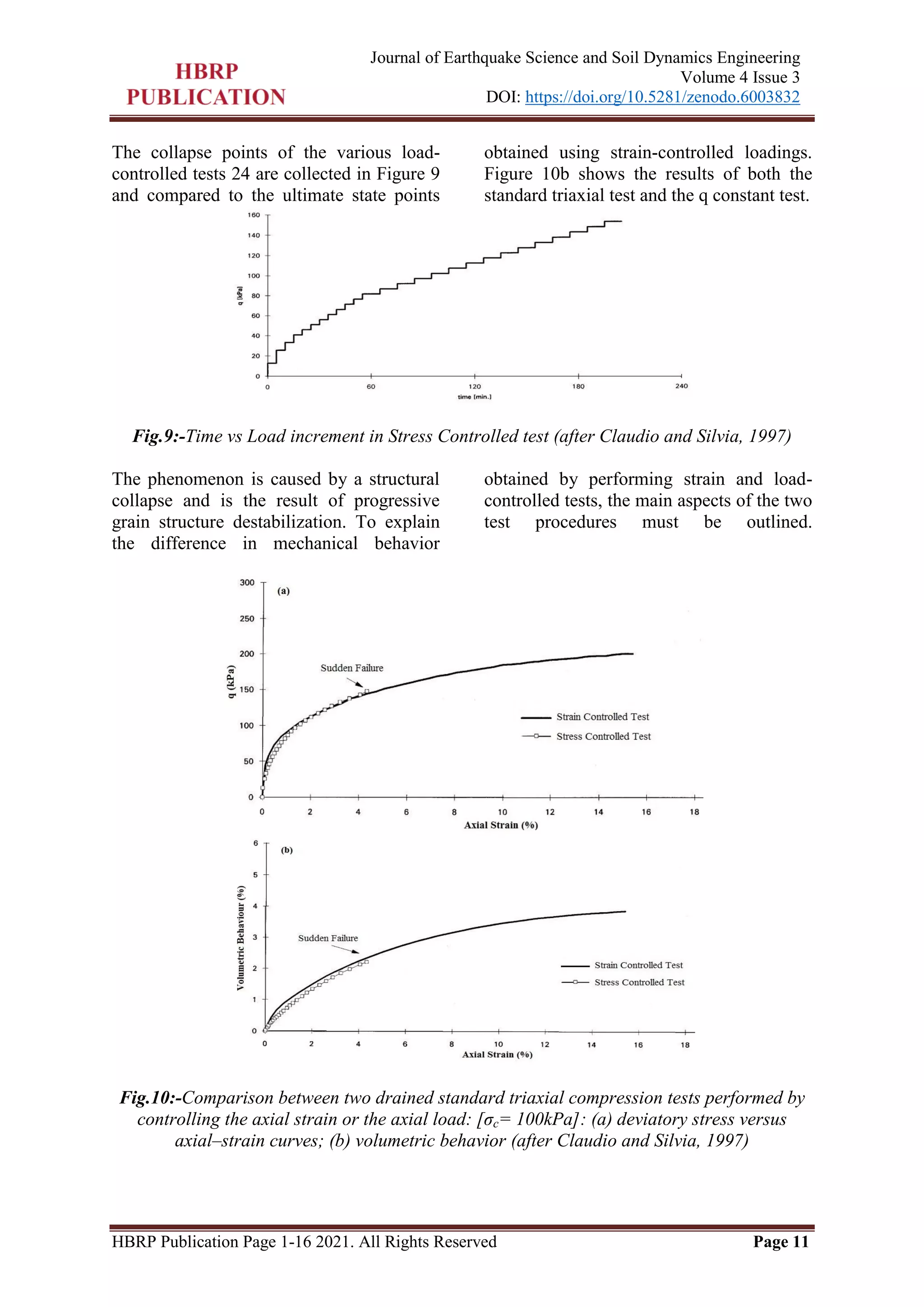HBRP Publication Page 1-16 2021. All Rights Reserved Page 11
Journal of Earthquake Science and Soil Dynamics Engineering
Volume 4 Issue 3
DOI: https://doi.org/10.5281/zenodo.6003832
The collapse points of the various load-
controlled tests 24 are collected in Figure 9
and compared to the ultimate state points
obtained using strain-controlled loadings.
Figure 10b shows the results of both the
standard triaxial test and the q constant test.
Fig.9:-Time vs Load increment in Stress Controlled test (after Claudio and Silvia, 1997)
The phenomenon is caused by a structural
collapse and is the result of progressive
grain structure destabilization. To explain
the difference in mechanical behavior
obtained by performing strain and load-
controlled tests, the main aspects of the two
test procedures must be outlined.
Fig.10:-Comparison between two drained standard triaxial compression tests performed by
controlling the axial strain or the axial load: [σc= 100kPa]: (a) deviatory stress versus
axial–strain curves; (b) volumetric behavior (after Claudio and Silvia, 1997)
 