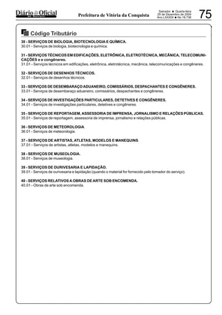 PREFEITURA MUNICIPAL DE VÁRZEA DA ROÇA
Salvador • Quarta-feira
29 de Dezembro de 2004
Ano LXXXIX •No 18.736 75dos Municípios Prefeitura de Vitória da Conquista
Código Tributário
29122004
30 - SERVIÇOS DE BIOLOGIA, BIOTECNOLOGIA E QUÍMICA.
30.01 - Serviços de biologia, biotecnologia e química.
31 - SERVIÇOS TÉCNICOS EM EDIFICAÇÕES, ELETRÔNICA, ELETROTÉCNICA, MECÂNICA, TELECOMUNI-
CAÇÕES e e congêneres.
31.01 - Serviços técnicos em edificações, eletrônica, eletrotécnica, mecânica, telecomunicações e congêneres.
32 - SERVIÇOS DE DESENHOS TÉCNICOS.
32.01 - Serviços de desenhos técnicos.
33 - SERVIÇOS DE DESEMBARAÇO ADUANEIRO, COMISSÁRIOS, DESPACHANTES E CONGÊNERES.
33.01 - Serviços de desembaraço aduaneiro, comissários, despachantes e congêneres.
34 - SERVIÇOS DE INVESTIGAÇÕES PARTICULARES, DETETIVES E CONGÊNERES.
34.01 - Serviços de investigações particulares, detetives e congêneres.
35 - SERVIÇOS DE REPORTAGEM, ASSESSORIA DE IMPRENSA, JORNALISMO E RELAÇÕES PÚBLICAS.
35.01 - Serviços de reportagem, assessoria de imprensa, jornalismo e relações públicas.
36 - SERVIÇOS DE METEOROLOGIA.
36.01 - Serviços de meteorologia.
37 - SERVIÇOS DE ARTISTAS, ATLETAS, MODELOS E MANEQUINS.
37.01 - Serviços de artistas, atletas, modelos e manequins.
38 - SERVIÇOS DE MUSEOLOGIA.
38.01 - Serviços de museologia.
39 - SERVIÇOS DE OURIVESARIA E LAPIDAÇÃO.
39.01 - Serviços de ourivesaria e lapidação (quando o material for fornecido pelo tomador do serviço).
40 - SERVIÇOS RELATIVOS A OBRAS DE ARTE SOB ENCOMENDA.
40.01 - Obras de arte sob encomenda.
 