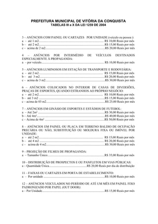 PREFEITURA MUNICIPAL DE VITÓRIA DA CONQUISTA
TABELAS III a X DA LEI 1259 DE 2004
3 – ANÚNCIOS COM PAINEL OU CARTAZES POR UNIDADE (veículo ou pessoa ):
a – até 1 m2.................................................................................... R$ 10,00 Reais por mês
b – até 2 m2.....................................................................................R$ 15,00 Reais por mês
c – acima de 2 m2.............................................................................R$ 20,00 Reais por mês
4 – ANÚNCIOS POR INTERMÉDIO DE VEÍCULOS DESTINADOS
ESPECIALMENTE À PROPAGANDA:
a – por veículo................................................................................. R$ 10,00 Reais por mês
5 – ANÚNCIOS LUMINOSOS EM ESTAÇÃO DE TRANSPORTE E RODOVIÁRIA:
a – até 2 m2................................................................................... R$ 15,00 Reais por mês
b – até 3 m2....................................................................................R$ 20,00 Reais por mês
c – acima de 3 m2.............................................................................R$ 30,00 Reais por mês
6 – ANÚNCIOS COLOCADOS NO INTERIOR DE CASAS DE DIVERSÕES,
PRAÇAS DE ESPORTES, QUANDO ESTRANHOS AO PRÓPRIO NEGÓCIO:
a – até 2 m2................................................................................... R$ 10,00 Reais por mês
b – até 3 m2 .....................................................................................R$ 15,00 Reais por mês
c – acima de 03 m2............................................................................R$ 25,00 Reais por mês
7 – ANÚNCIOS EM GINÁSIO DE ESPORTES E ESTÁDIOS DE FUTEBOL:
a – Até 2m² ......................................................................................R$ 30,00 Reais por mês
b – Até 4m²........................................................................................R$ 40,00 Reais por mês
c – Acima de 4m² .............................................................................R$ 50,00 Reais por mês
8 – ANÚNCIOS EM PAINEL OU PLACA EM TERRENO BALDIO DE OCUPAÇÃO
PRECÁRIA OU NÃO, SUBSTITUIÇÃO OU MOLDURA FIXA OU IMÓVEL POR
UNIDADE:
a – até 2 m2................................................................................... R$ 15,00 Reais por mês
b – até 4 m2 ................................................................................... R$ 20,00 Reais por mês
c – acima de 4 m2............................................................................R$ 30,00 Reais por mês
9 – PROJEÇÃO DE FILMES DE PROPAGANDA:
a – Tamanho Único..........................................................................R$ 35,00 Reais por mês
10 – DISTRIBUIÇÃO DE PROSPECTOS E OU PANFLETOS EM VIAS PÚBLICAS:
a – Quantidade Única.................................................R$ 20,00 Reais por dia de distribuição
11 – FAIXAS OU CARTAZES EM PORTA DE ESTABELECIMENTO:
a – Por unidade ...............................................................................R$ 10,00 Reais por mês
12 – ANÚNCIOS VEICULADOS NO PERÍODO DE ATÉ UM MÊS EM PAINEL FIXO
PADRONIZADO POR PAPEL (OUT DOOR):
a – Por Unidade.................................................................................R$ 15,00 Reais por mês
 