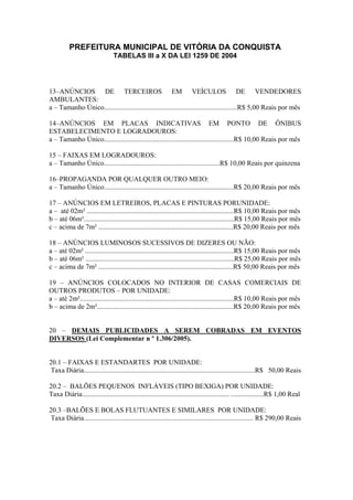 PREFEITURA MUNICIPAL DE VITÓRIA DA CONQUISTA
TABELAS III a X DA LEI 1259 DE 2004
13–ANÚNCIOS DE TERCEIROS EM VEÍCULOS DE VENDEDORES
AMBULANTES:
a – Tamanho Único.............................................................................R$ 5,00 Reais por mês
14–ANÚNCIOS EM PLACAS INDICATIVAS EM PONTO DE ÔNIBUS
ESTABELECIMENTO E LOGRADOUROS:
a – Tamanho Único...........................................................................R$ 10,00 Reais por mês
15 – FAIXAS EM LOGRADOUROS:
a – Tamanho Único...................................................................R$ 10,00 Reais por quinzena
16–PROPAGANDA POR QUALQUER OUTRO MEIO:
a – Tamanho Único...........................................................................R$ 20,00 Reais por mês
17 – ANÚNCIOS EM LETREIROS, PLACAS E PINTURAS PORUNIDADE:
a – até 02m² .....................................................................................R$ 10,00 Reais por mês
b – até 06m².......................................................................................R$ 15,00 Reais por mês
c – acima de 7m² ..............................................................................R$ 20,00 Reais por mês
18 – ANÚNCIOS LUMINOSOS SUCESSIVOS DE DIZERES OU NÃO:
a – até 02m² ......................................................................................R$ 15,00 Reais por mês
b – até 06m² ......................................................................................R$ 25,00 Reais por mês
c – acima de 7m² ..............................................................................R$ 50,00 Reais por mês
19 – ANÚNCIOS COLOCADOS NO INTERIOR DE CASAS COMERCIAIS DE
OUTROS PRODUTOS – POR UNIDADE:
a – até 2m².........................................................................................R$ 10,00 Reais por mês
b – acima de 2m²...............................................................................R$ 20,00 Reais por mês
20 – DEMAIS PUBLICIDADES A SEREM COBRADAS EM EVENTOS
DIVERSOS (Lei Complementar n º 1.306/2005).
20.1 – FAIXAS E ESTANDARTES POR UNIDADE:
Taxa Diária...................................................................................................R$ 50,00 Reais
20.2 – BALÕES PEQUENOS INFLÁVEIS (TIPO BEXIGA) POR UNIDADE:
Taxa Diária..................................................................................... ...................R$ 1,00 Real
20.3 –BALÕES E BOLAS FLUTUANTES E SIMILARES POR UNIDADE:
Taxa Diária.................................................................................................. R$ 290,00 Reais
 
