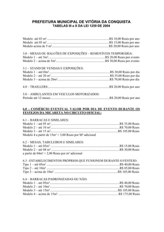 PREFEITURA MUNICIPAL DE VITÓRIA DA CONQUISTA
TABELAS III a X DA LEI 1259 DE 2004
Modelo até 03 m²..............................................................................R$ 10,00 Reais por ano
Modelo até 05 m²..............................................................................R$ 15,00 Reais por ano
Modelo acima de 5 m².......................................................................R$ 20,00 Reais por ano
3.0 – MESAS OU BALCÕES DE EXPOSIÇÕES – REMOVÍVEIS TEMPORÁRIA:
Modelo 1 – até 5m².......................................................................R$ 20,00 Reais por evento
Modelo 2 – acima de 5m².............................................................R$ 30,00 Reais por evento
3.1 – STAND DE VENDAS E EXPOSIÇÕES:
Modelo 1 – até10m²............................................................................R$ 30,00 Reais por dia
Modelo 2 – até 20 m²..........................................................................R$ 55,00 Reais por dia
Modelo 3 – acima de 20m².................................................................R$ 70,00 Reais por dia
4.0 – TRAILLERS:............................................................................R$ 20,00 Reais por ano
5.0 – AMBULANTES EM VEICULOS MOTORIZADOS:
Período até 12 meses..........................................................................R$ 20,00 Reais por ano
6.0 – COMÉRCIO EVENTUAL VALOR POR DIA DE EVENTO DURANTE OS
FESTEJOS DA MICARETA NO CIRCUITO OFICIAL:
6.1 – BARRACAS E SIMILARES:
Modelo 1 – até 05 m²......................................................................................R$ 35,00 Reais
Modelo 2 – até 10 m²......................................................................................R$ 70,00 Reais
Modelo 3 – até 15 m²....................................................................................R$ 105,00 Reais
Modelo 4 a partir de 15m² + 3,00 Reais por M² adicional
6.2 – MESAS, TABULEIROS E SIMILARES:
Modelo 1 – até 02m² ......................................................................................R$ 15,00 Reais
Modelo 2 – até 04 m² .....................................................................................R$ 30,00 Reais
a partir de 04m² + 2,00 Reais por m² adicional
6.3 –ESTABELECIMENTOS PRÓPRIOS QUE FUNIONEM DURANTE O FESTEJO:
Tipo 1 – até 05m² ...........................................................................................R$ 40,00 Reais
Tipo 2 – até 10m² ...........................................................................................R$ 85,00 Reais
Tipo 3 – acima de 10m² ...............................................................................R$ 105,00 Reais
6.4 – BARRACAS PADRONIZADAS OU NÃO:
Modelo 1 – até 05m².......................................................................................R$ 40,00 Reais
Modelo 2 – até 10m².......................................................................................R$ 70,00 Reais
Modelo 3 – até 15m².....................................................................................R$ 105,00 Reais
Modelo 4 – acima de 15m² ...........................................................................R$ 175,00 Reais
 