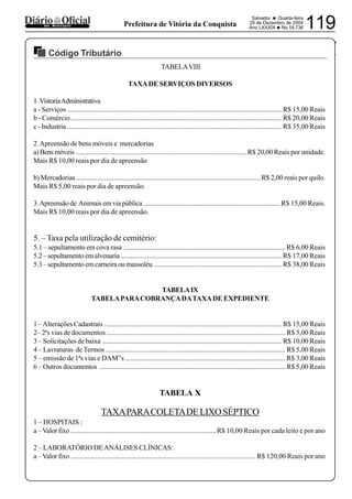 PREFEITURA MUNICIPAL DE VÁRZEA DA ROÇA
Salvador • Quarta-feira
29 de Dezembro de 2004
Ano LXXXIX •No 18.736 119dos Municípios Prefeitura de Vitória da Conquista
Código Tributário
29122004
TABELAVIII
TAXADE SERVIÇOS DIVERSOS
1.VistoriaAdministrativa
a - Serviços ......................................................................................................................... R$ 15,00 Reais
b - Comércio....................................................................................................................... R$ 20,00 Reais
c - Industria ......................................................................................................................... R$ 35,00 Reais
2.Apreensão de bens móveis e mercadorias
a)Bensmóveis ................................................................................................ R$ 20,00 Reais por unidade.
Mais R$ 10,00 reais por dia de apreensão
b) Mercadorias........................................................................................................R$ 2,00 reais por quilo.
Mais R$ 5,00 reais por dia de apreensão.
3.Apreensão de Animais em via pública ............................................................................. R$ 15,00 Reais.
Mais R$ 10,00 reais por dia de apreensão.
5. – Taxa pela utilização de cemitério:
5.1 – sepultamento em cova rasa ........................................................................................... R$ 6,00 Reais
5.2–sepultamentoemalvenaria........................................................................................... R$ 17,00 Reais
5.3 – sepultamento em carneira ou mausoléu ........................................................................ R$ 38,00 Reais
TABELAIX
TABELAPARACOBRANÇADATAXADE EXPEDIENTE
1 –Alterações Cadastrais .................................................................................................... R$ 15,00 Reais
2– 2ªs vias de documentos..................................................................................................... R$ 5,00 Reais
3 – Solicitações de baixa ..................................................................................................... R$ 10,00 Reais
4 – Lavraturas de Termos ..................................................................................................... R$ 5,00 Reais
5 – emissão de 1ªs vias e DAM”s .......................................................................................... R$ 3,00 Reais
6 – Outros documentos ......................................................................................................... R$ 5,00 Reais
TABELA X
TAXAPARACOLETADELIXOSÉPTICO
1 – HOSPITAIS :
a – Valor fixo ..................................................................................R$ 10,00 Reais por cada leito e por ano
2 – LABORATÓRIO DEANÁLISES CLÍNICAS:
a – Valor fixo ........................................................................................................ R$ 120,00 Reais por ano
 