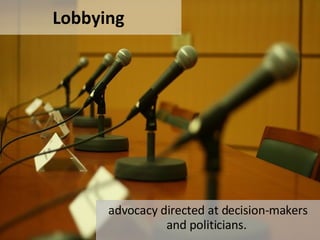 Lobbying  advocacy directed at decision-makers and politicians.  
