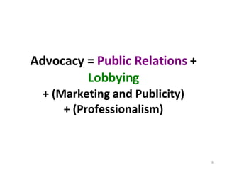 Advocacy =  Public Relations  +  Lobbying + (Marketing and Publicity) + (Professionalism) 