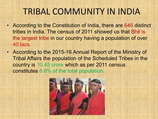 TRIBAL COMMUNITY IN INDIA
• According to the Constitution of India, there are 645 distinct
tribes in India. The census of 2011 showed us that Bhil is
the largest tribe in our country having a population of over
40 lacs.
• According to the 2015-16 Annual Report of the Ministry of
Tribal Affairs the population of the Scheduled Tribes in the
country is 10.45 crore which as per 2011 census
constitutes 8.6% of the total population.
 
