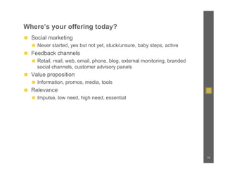 Where’s your offering today?
◼  Social marketing
   ◼  Never started, yes but not yet, stuck/unsure, baby steps, active
◼  Feedback channels
   ◼  Retail, mail, web, email, phone, blog, external monitoring, branded
     social channels, customer advisory panels
◼  Value proposition
   ◼  Information, promos, media, tools
◼  Relevance
   ◼  Impulse, low need, high need, essential




                                                                            18
 