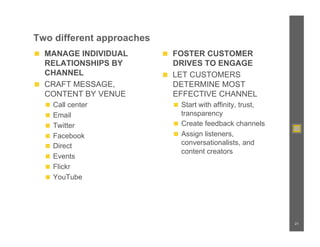 Two different approaches
◼  MANAGE INDIVIDUAL       ◼  FOSTER CUSTOMER
   RELATIONSHIPS BY           DRIVES TO ENGAGE
   CHANNEL                 ◼  LET CUSTOMERS
◼  CRAFT MESSAGE,             DETERMINE MOST
   CONTENT BY VENUE           EFFECTIVE CHANNEL
  ◼  Call center             ◼  Start with affinity, trust,
  ◼  Email                      transparency
  ◼  Twitter                 ◼  Create feedback channels

  ◼  Facebook                ◼  Assign listeners,
  ◼  Direct
                                conversationalists, and
                                content creators
  ◼  Events
  ◼  Flickr
  ◼  YouTube




                                                              21
 