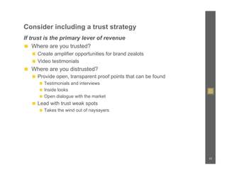 Consider including a trust strategy
If trust is the primary lever of revenue
◼  Where are you trusted?
   ◼  Create amplifier opportunities for brand zealots
   ◼  Video testimonials
◼  Where are you distrusted?
   ◼  Provide open, transparent proof points that can be found
      ◼  Testimonials and interviews
      ◼  Inside looks
      ◼  Open dialogue with the market
   ◼  Lead with trust weak spots
      ◼  Takes the wind out of naysayers




                                                                 23
 