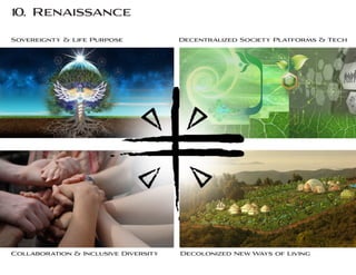 10. Renaissance
Sovereignty & Life Purpose Decentralized Society Platforms & Tech
Collaboration & Inclusive Diversity Decolonized New Ways of Living
 