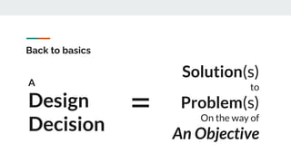 Back to basics
Solution(s)
to
Problem(s)
On the way of
An Objective
A
Design
Decision
=
 