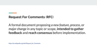Request For Comments (RFC)
A formal document proposing a new feature, process, or
major change in any topic or scope, intended to gather
feedback and reach consensus before implementation.
https://en.wikipedia.org/wiki/Request_for_Comments
 