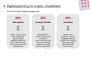 5. Digital planning for a year : investment
  Recommended digital budget split


          20%                        30%                 50%
       Web platform           Constant activities      Activations




     Inform and involve         Be present in          Reach new 
       new audience,         search and social      audience and re­
         accumulate               media to           engage existing 
      existing audience      communicate with       audience creating 
     and maximize pre­        new and existing       new value and 
     and post­purchase        audience during         activating the 
         experience           active evaluation        loyalty loop


                                        ­ 20 ­
 