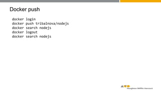 Docker push
docker login
docker push tribalnova/nodejs
docker search nodejs
docker logout
docker search nodejs
 