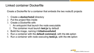 Linked container Dockerfile
Create a Dockerfile for a container that embeds the two nodeJS projects
1. Create a docker/tuto2 directory
2. Put the project files inside
3. Create a Dockerfile with:
1. An entrypoint that launch the node executable
2. The container must launch test.js by default
4. Build the image, naming it tribalnova/tuto2
5. Run a container with the default command, with the rm option
6. Run a container with node executing test2.js, with the rm option
 