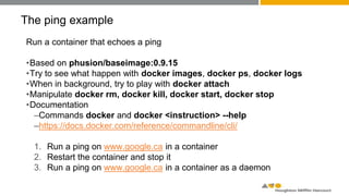 The ping example
Run a container that echoes a ping
•Based on phusion/baseimage:0.9.15
•Try to see what happen with docker images, docker ps, docker logs
•When in background, try to play with docker attach
•Manipulate docker rm, docker kill, docker start, docker stop
•Documentation
–Commands docker and docker <instruction> --help
–https://docs.docker.com/reference/commandline/cli/
1. Run a ping on www.google.ca in a container
2. Restart the container and stop it
3. Run a ping on www.google.ca in a container as a daemon
 