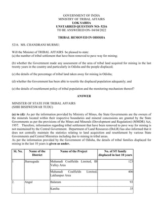 GOVERNMENT OF INDIA
MINISTRY OF TRIBAL AFFAIRS
LOK SABHA
UNSTARRED QUESTION NO- 5216
TO BE ANSWERED ON- 04/04/2022
TRIBAL REMOVED IN ODISHA
5216. MS. CHANDRANI MURMU:
Will the Minister of TRIBAL AFFAIRS be pleased to state:
(a) the number of tribal settlement that have been removed to pave way for mining;
(b) whether the Government made any assessment of the area of tribal land acquired for mining in the last
twenty years in the country and particularly in Odisha and the people displaced;
(c) the details of the percentage of tribal land taken away for mining in Odisha;
(d) whether the Government has been able to resettle the displaced population adequately; and
(e) the details of resettlement policy of tribal population and the monitoring mechanism thereof?
ANSWER
MINISTER OF STATE FOR TRIBAL AFFAIRS
(SHRI BISHWESWAR TUDU)
(a) to (d): As per the information provided by Ministry of Mines, the State Governments are the owners of
the minerals located within their respective boundaries and mineral concessions are granted by the State
Governments as per the provisions of the Mines and Minerals (Development and Regulation) (MMDR) Act,
1957. Therefore, information regarding tribal settlement that have been removed to pave way for mining is
not maintained by the Central Government. Department of Land Resources (DoLR) has also informed that it
does not centrally maintain the statistics relating to land acquisition and resettlement by various State
Governments and Central Ministries including due to mining in tribal areas.
As per the information provided by the Government of Odisha, the details of tribal families displaced for
mining in the last 10 years is given as under.
Sl. No. Name of the
District
Name of the Project No. of ST family
displaced in last 10 years
1 Jharsuguda Mahanadi Coalfields Limited, IB
Valley Area
123
Mahanadi Coalfields Limited,
Lakhanpur Area
406
2. Angul Balaram 93
Kaniha 35
 