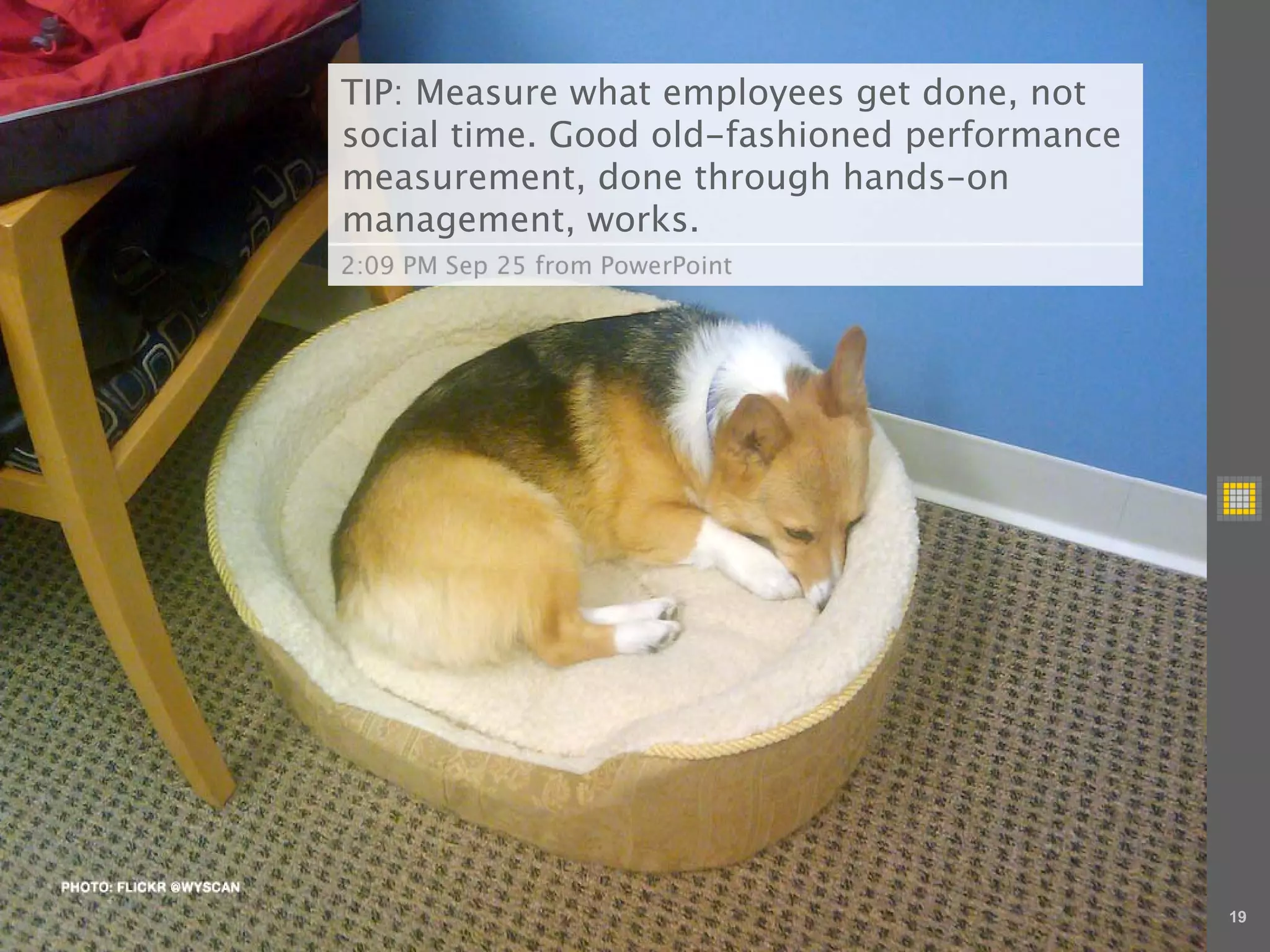 TIP: Measure what employees get done, not
social time. Good old-fashioned performance
measurement, done through hands-on
management, works.
2:09 PM Sep 25 from PowerPoint




                                              19
 