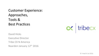 Customer	
  Experience:	
  
Approaches,	
  	
  
Tools	
  &	
  	
  
Best	
  Prac:ces	
  	
  
David	
  Hicks	
  
Execu:ve	
  Director	
  	
  
Tribe	
  CX	
  N	
  America	
  
Naarden	
  January	
  12th	
  2016	
  
©	
  TribeCX	
  Ltd	
  2016	
  
 