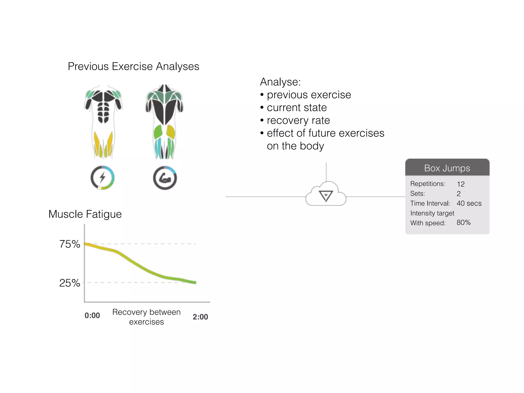 Analyse:
• previous exercise
• current state
• recovery rate
• effect of future exercises on the body
Recovery between
exercises
0:00 2:00
75%
25%
Muscle Fatigue
Box Jumps
Repetitions:
Sets:
Time Interval:
Intensity target
With speed:
12
2
40 secs
80%
Optimal Exercise!
Previous Exercise Analyses
 