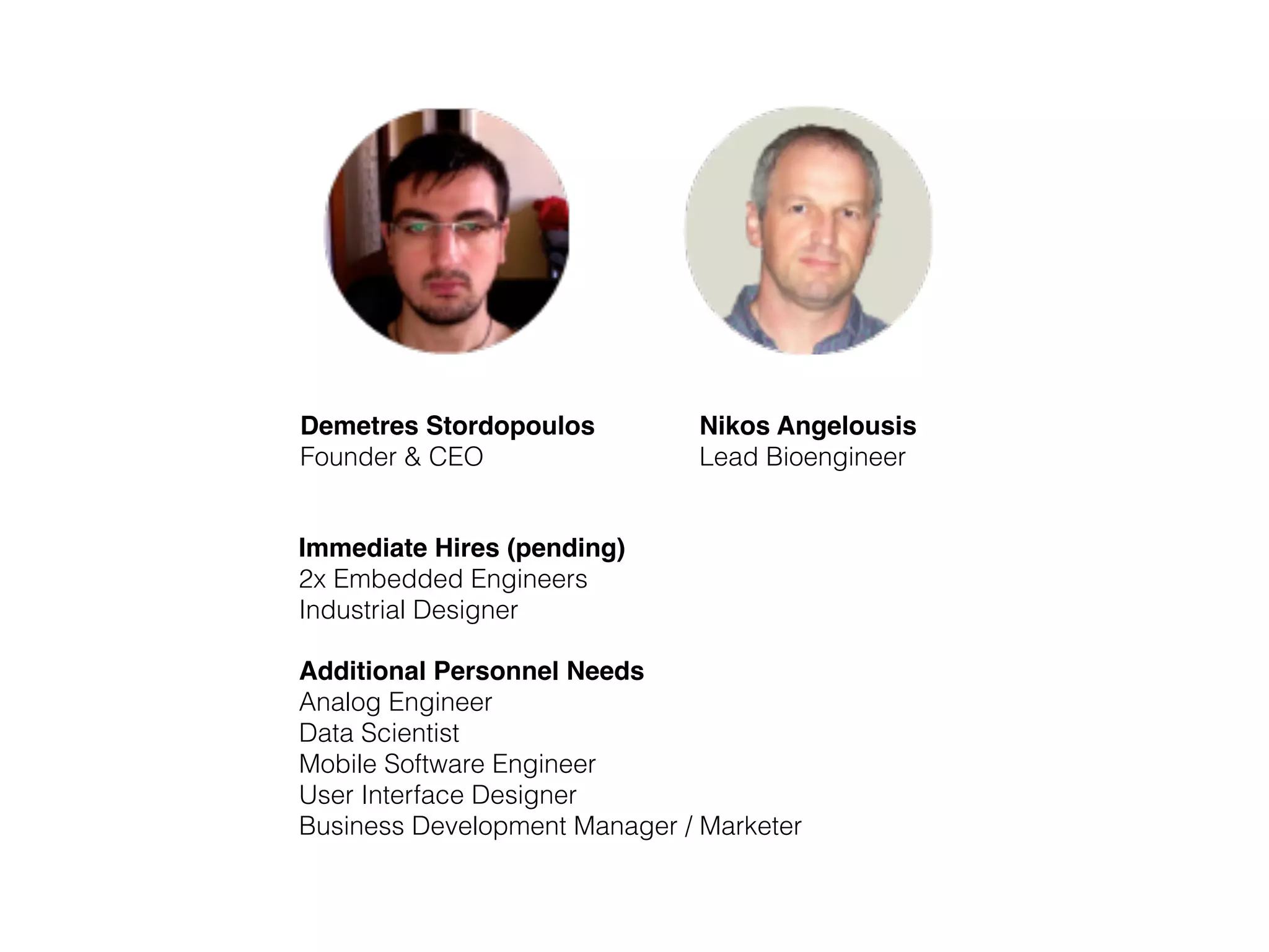 Demetres Stordopoulos
Founder & CEO
Nikos Angelousis
Lead Bioengineer
Immediate Hires (pending)
2x Embedded Engineers
Industrial Designer
Additional Personnel Needs
Analog Engineer
Data Scientist
Mobile Software Engineer
User Interface Designer
Business Development Manager / Marketer
 